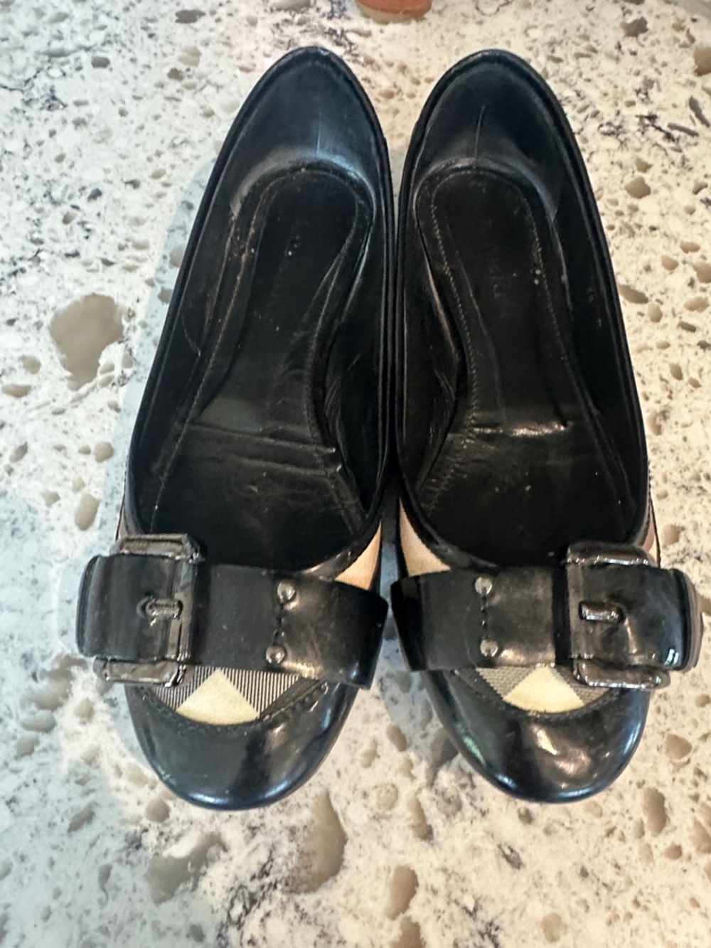 Burberry Black Patent Buckle Flats with Beige Check Accent